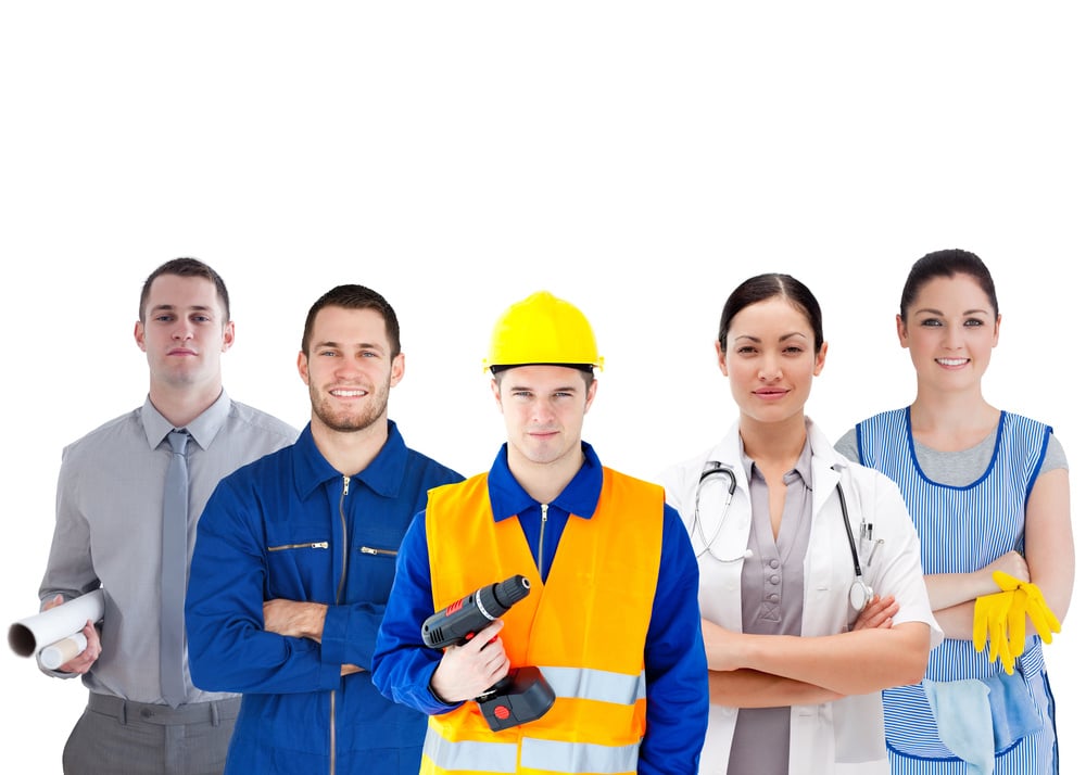 Group of people with different jobs standing arms folded in line on white background